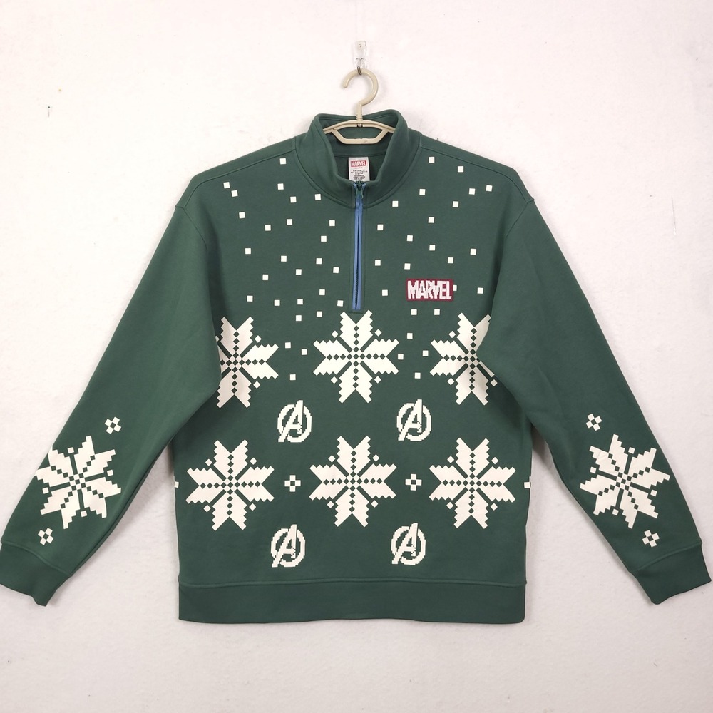 Marvel Avengers Sweatshirt Large Green Holidays Fair Isle Snowflake Iconic